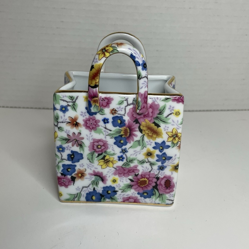 Two's Company Chintz Ceramic Shopping Bag Colorful Floral Print Gold Trim 4.5"H